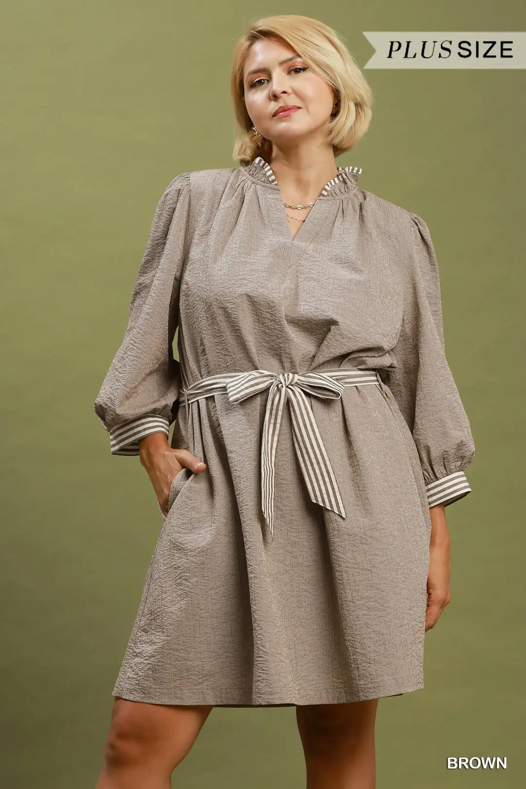 Umgee - Plus Size Belted Puff Sleeve Dress
