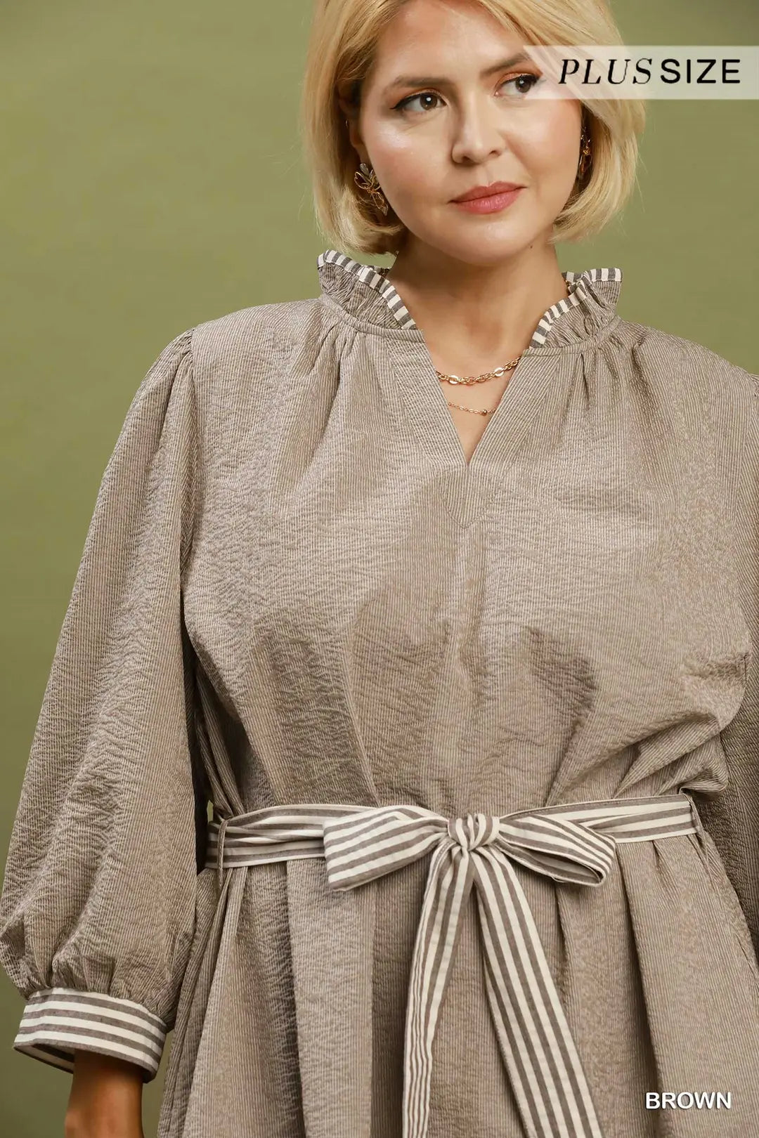 Umgee - Plus Size Belted Puff Sleeve Dress