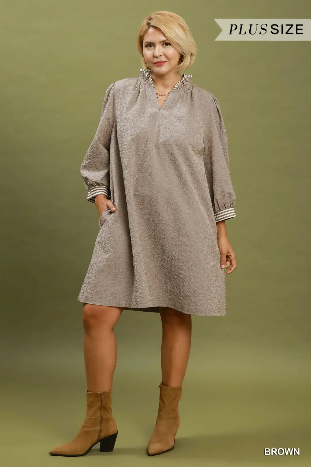 Umgee - Plus Size Belted Puff Sleeve Dress