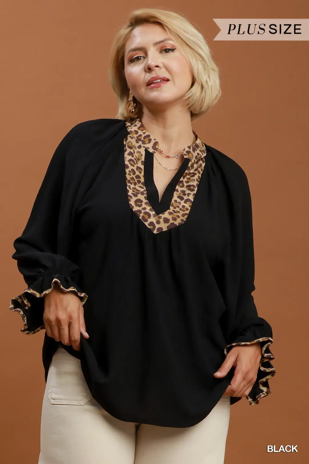 Umgee - Plus Size Leopard Trim Ruffle Sleeve Blouse - Black