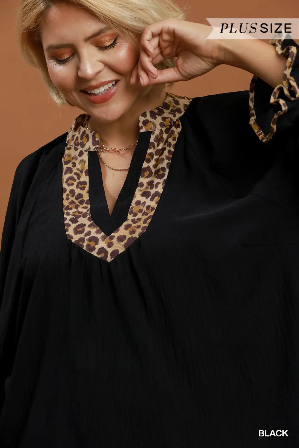 Umgee - Plus Size Leopard Trim Ruffle Sleeve Blouse - Black