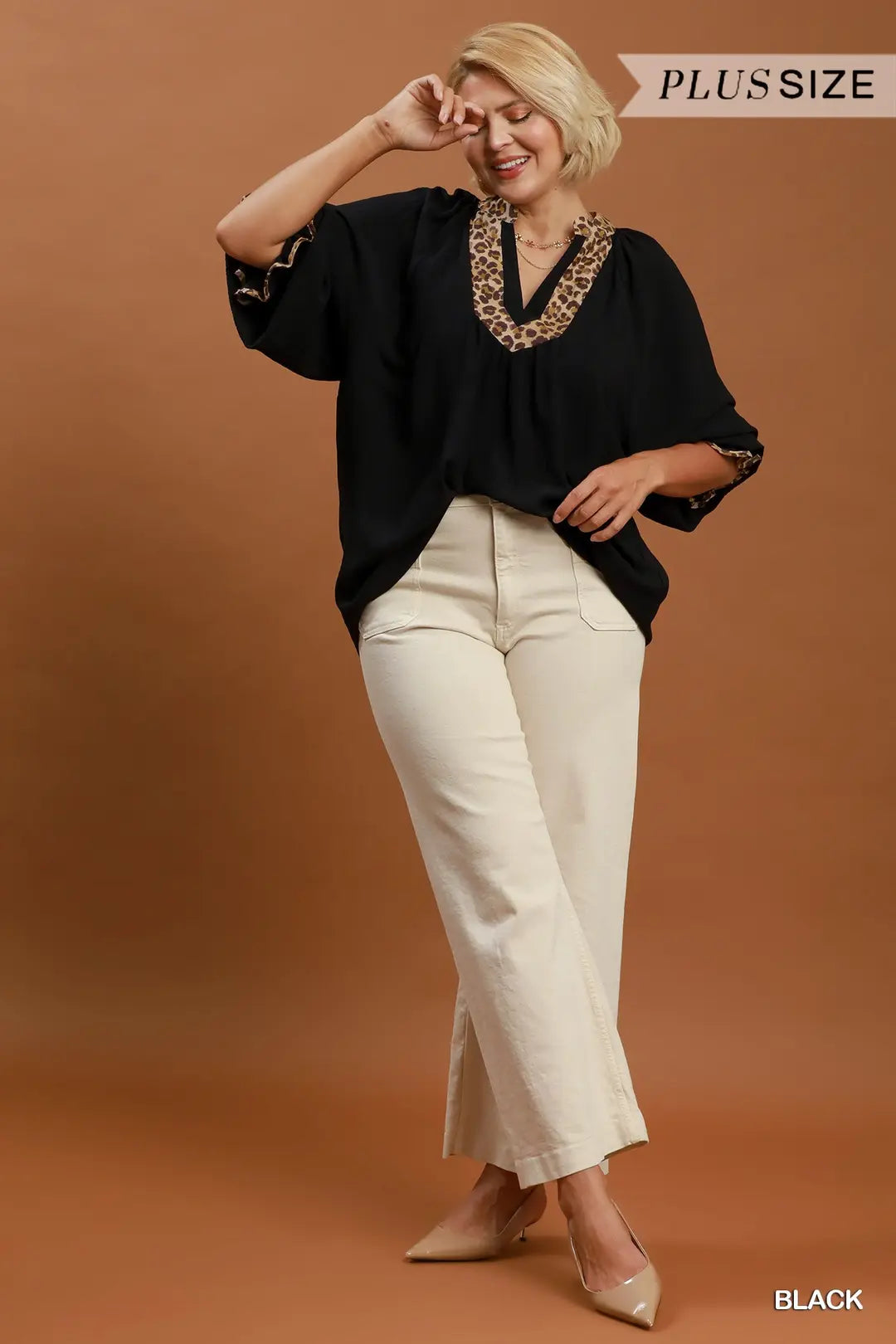 Umgee - Plus Size Leopard Trim Ruffle Sleeve Blouse - Black