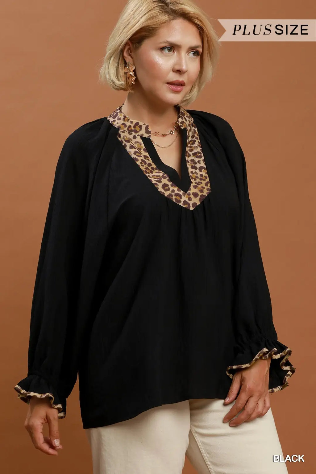 Umgee - Plus Size Leopard Trim Ruffle Sleeve Blouse - Black