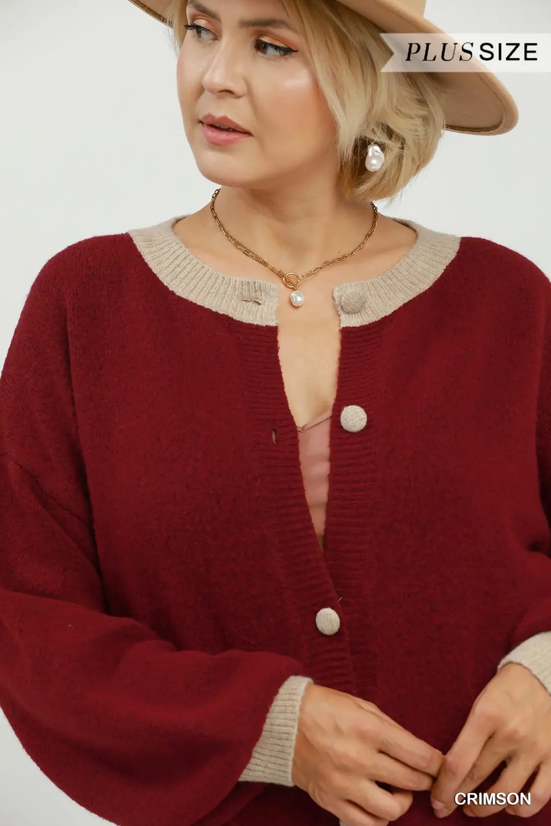 Umgee - Plus Size Contrast Trim Button Cardigan