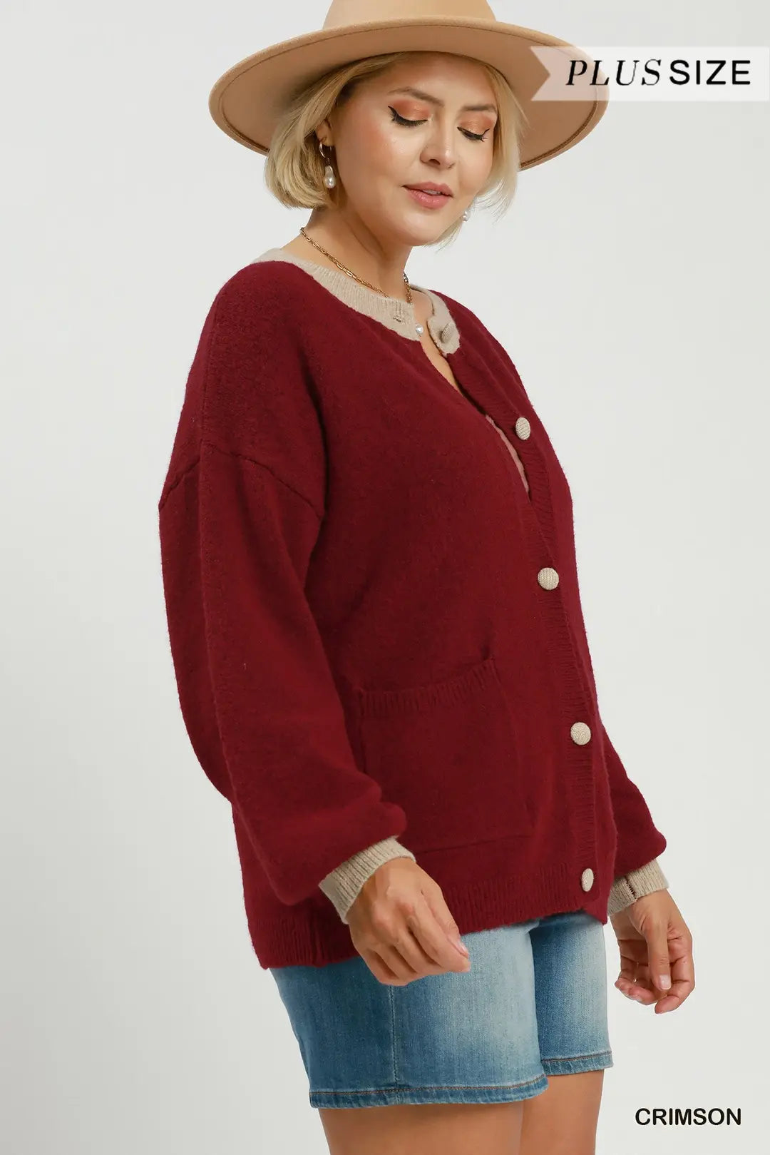 Umgee - Plus Size Contrast Trim Button Cardigan