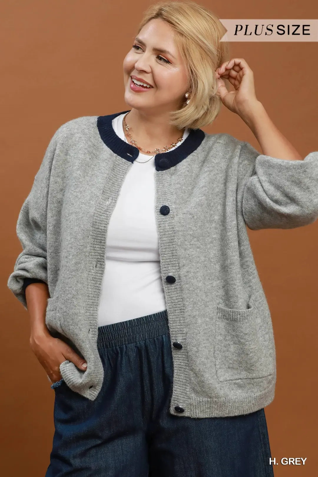 Umgee - Plus Size Contrast Trim Button Cardigan