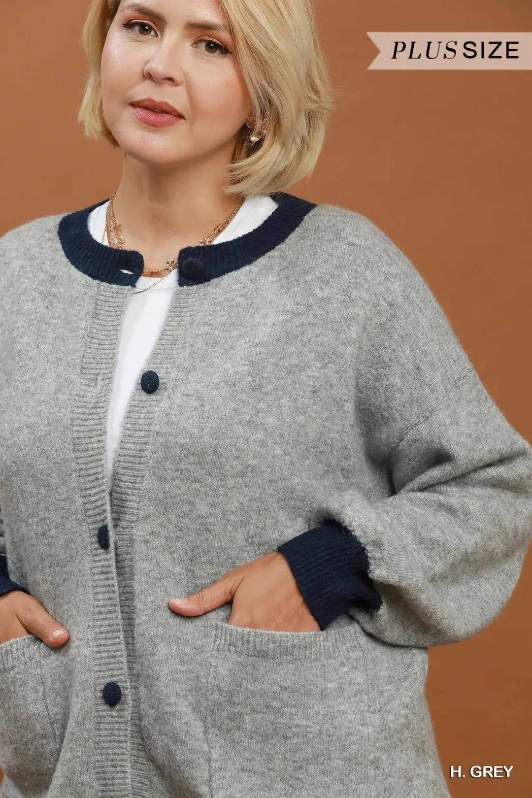 Umgee - Plus Size Contrast Trim Button Cardigan