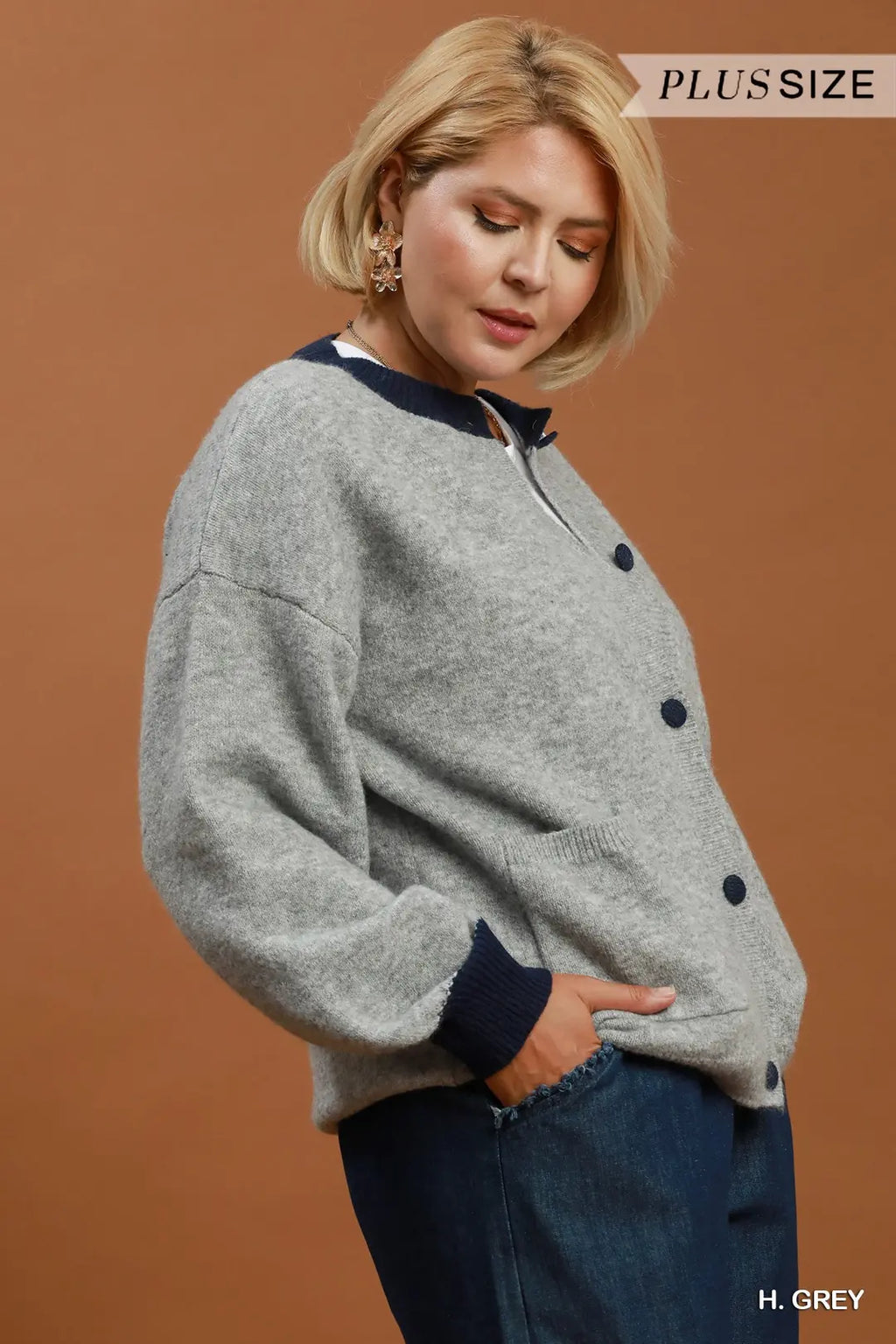 Umgee - Plus Size Contrast Trim Button Cardigan