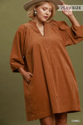 Umgee - Plus Size Pleated Corduroy V-Neck Tunic Dress with Pockets