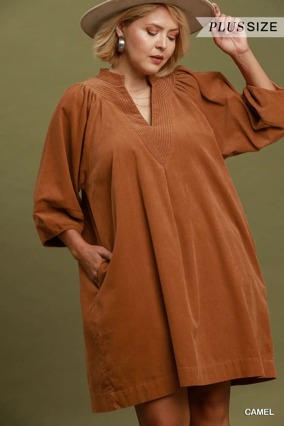 Umgee - Plus Size Pleated Corduroy V-Neck Tunic Dress with Pockets