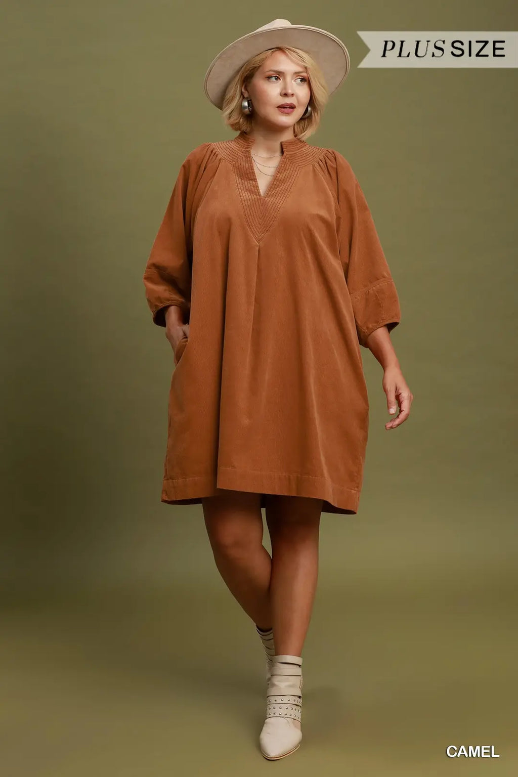 Umgee - Plus Size Pleated Corduroy V-Neck Tunic Dress with Pockets