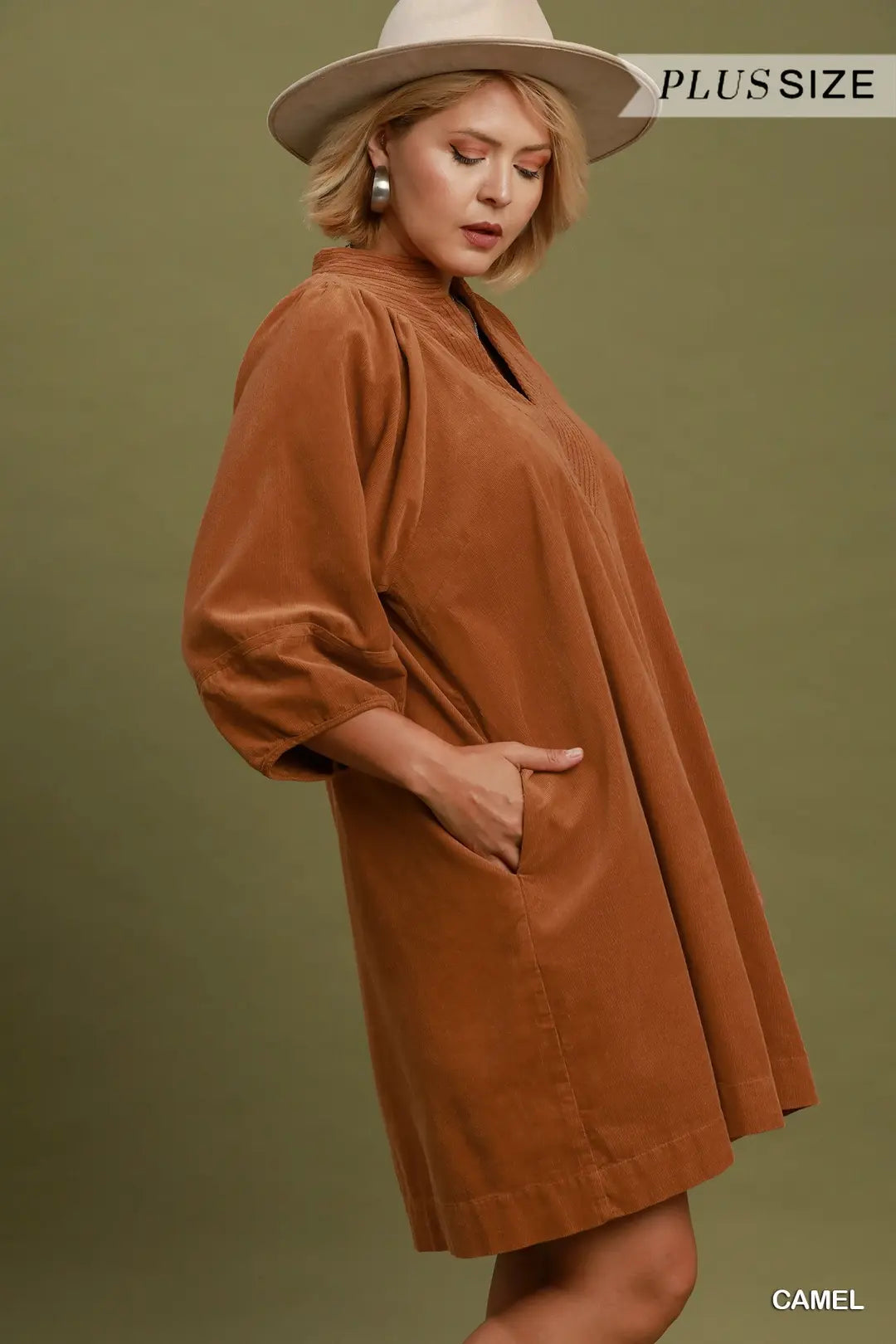 Umgee - Plus Size Pleated Corduroy V-Neck Tunic Dress with Pockets