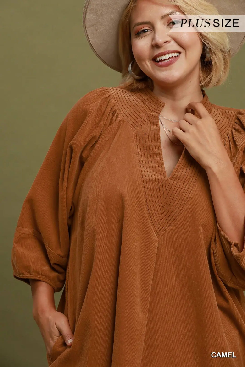 Umgee - Plus Size Pleated Corduroy V-Neck Tunic Dress with Pockets