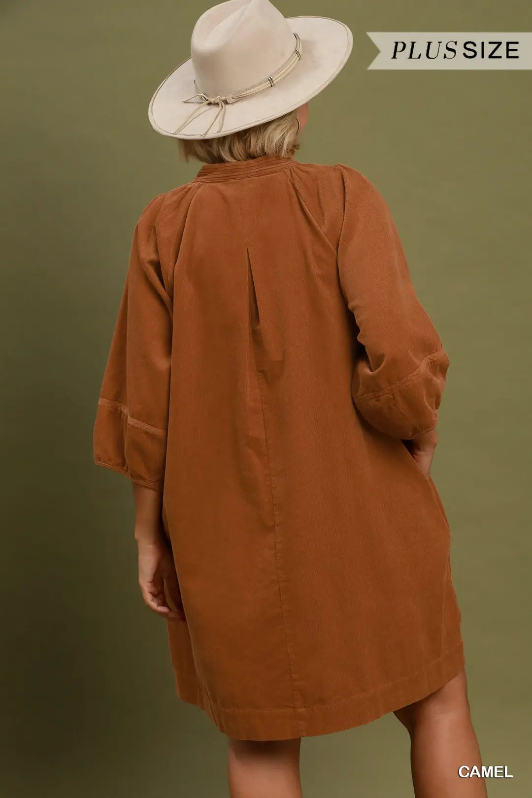 Umgee - Plus Size Pleated Corduroy V-Neck Tunic Dress with Pockets