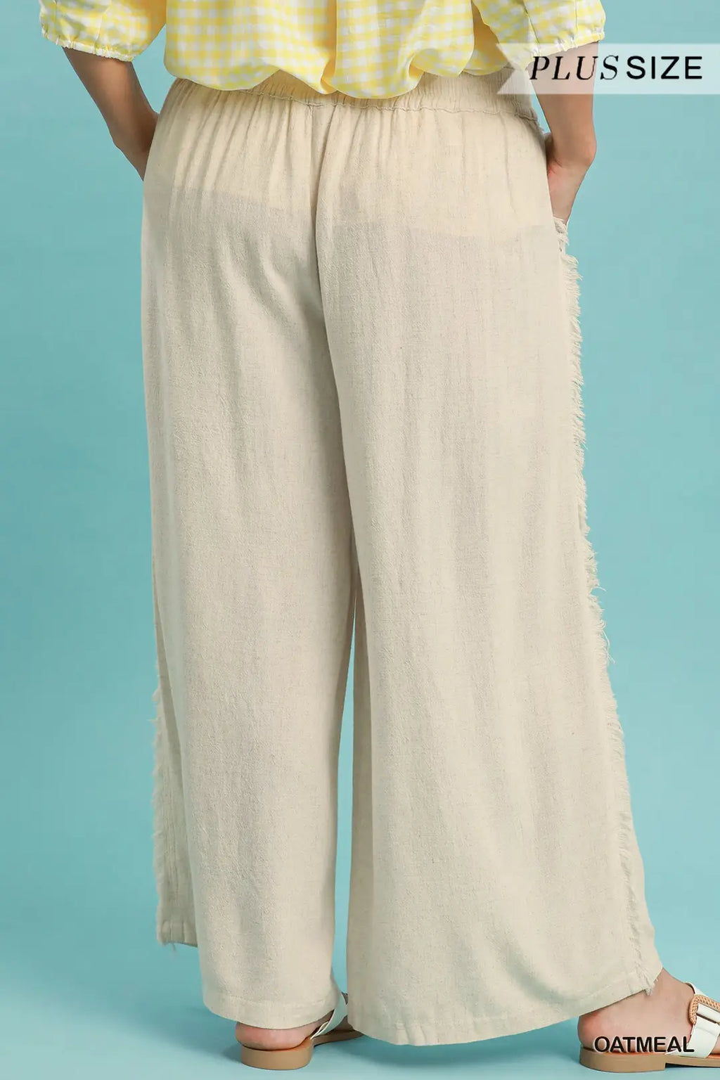 Umgee - Plus Size Linen Blend Wide Leg Pants - Oatmeal