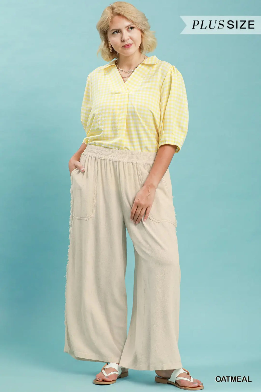 Umgee - Plus Size Linen Blend Wide Leg Pants - Oatmeal