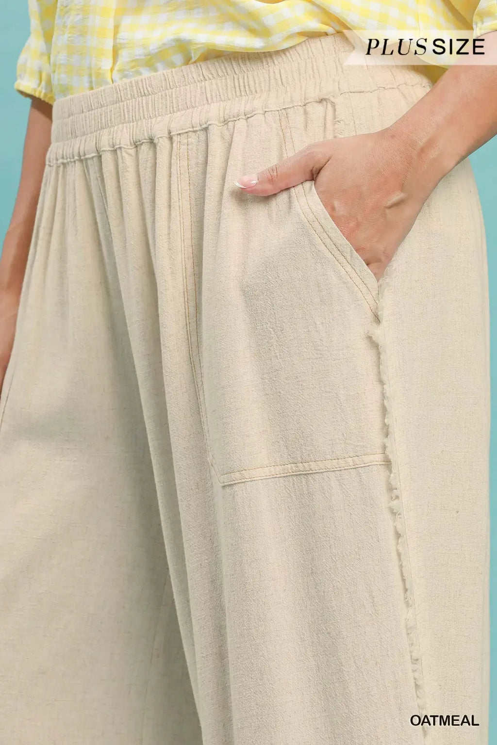 Umgee - Plus Size Linen Blend Wide Leg Pants - Oatmeal