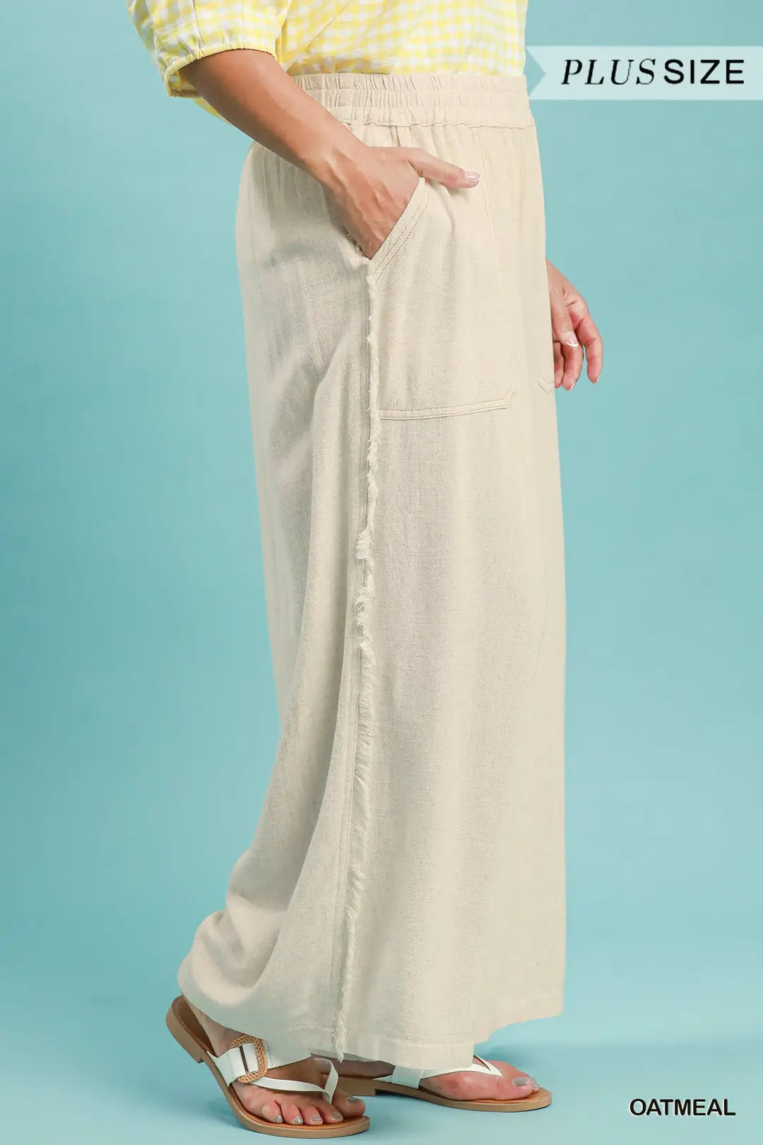 Umgee - Plus Size Linen Blend Wide Leg Pants - Oatmeal